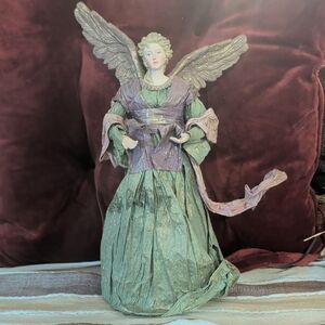 Lovely Paper Mache Angel Tree Topper In Green & Purple
